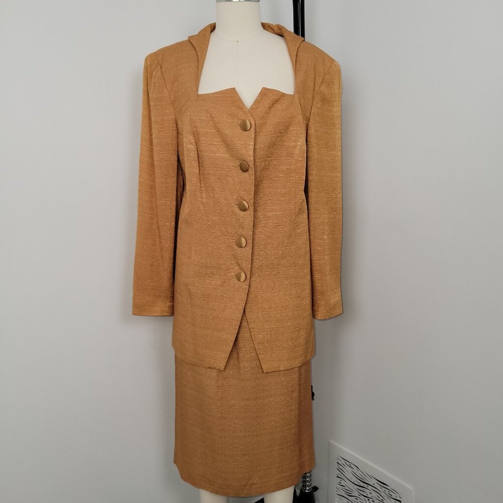 Vintage 90s Essence by Mail Gold 2-Piece Blazer Skirt Power Suit Set Made in USA